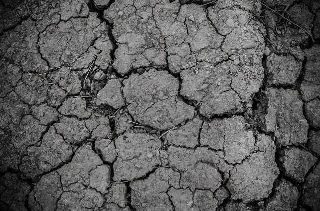 Dry, cracked earth texture highlighting severe drought conditions. The stark patterns symbolize environmental stress and the need for water conservation.