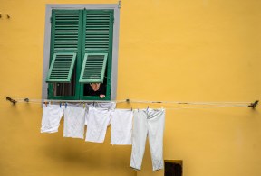 A person peers out of a green-shuttered window, while white laundry hangs on a clothesline against a vibrant yellow wall, showcasing local life.