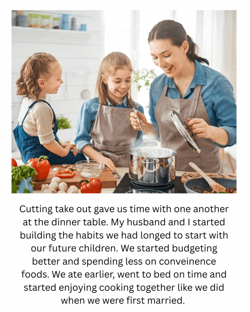 A woman and two girls joyfully cook together in a kitchen, surrounded by fresh ingredients, emphasizing family bonding and healthier habits.