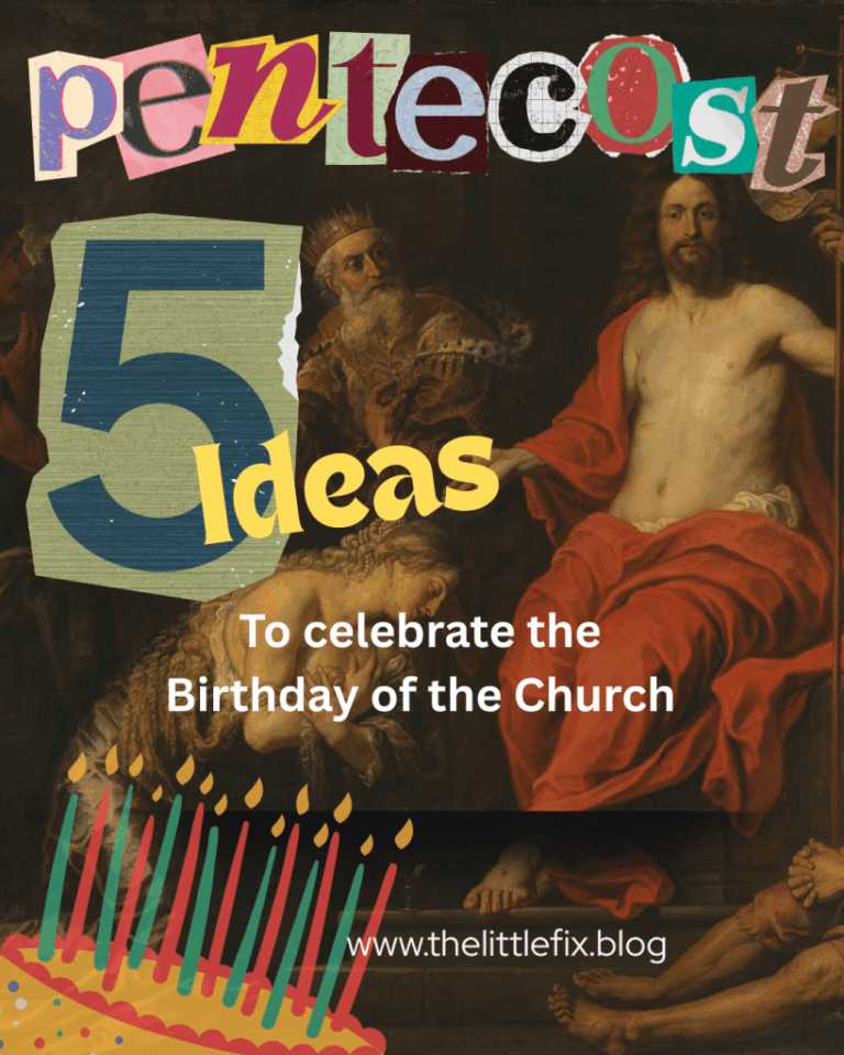 Colorful collage highlighting "Pentecost: 5 Ideas to Celebrate the Birthday of the Church," featuring a religious painting and festive elements like candles.