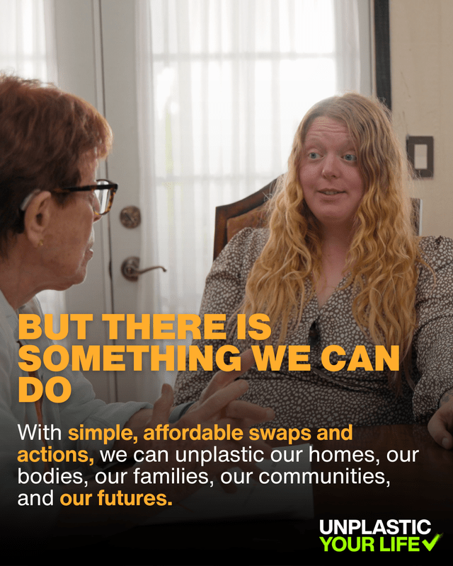 Two women engage in conversation about reducing plastic use. The text emphasizes simple actions to improve homes and futures.